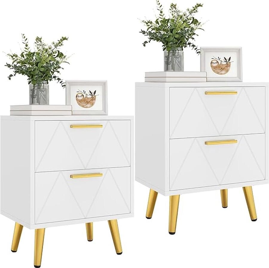 Nachtkastje met 2 lades set van 2 klein nachtkastje opbergkast met opslag nachtkastje eindtafel voor woonkamer slaapkamer kantoor 40 x 30 x 52 cm wit en goud