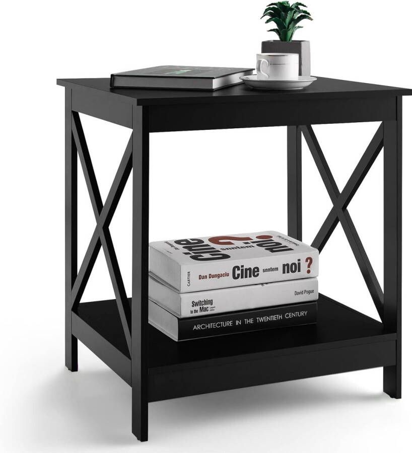 Nachtkastje met 2 niveaus bijzettafel met X-vormige steunstang telefoontafel voor woonkamer slaapkamer kleine salontafel nachtkastje 51 x 45 x 56 5 cm (zwart)