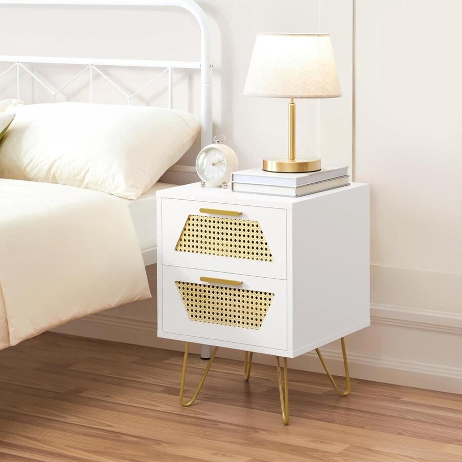 Nachtkastje met 2 schuifladen rotan design bijzettafel met 2 laden metalen poten banktafel nachtcommode voor boxsprinbgett wit