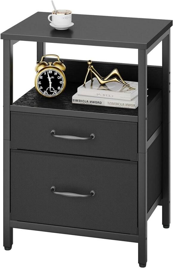 Nachtkastje met 2 stoffen laden en open plank Modern bijzettafel voor slaapkamer en woonkamer Zwart HST011B
