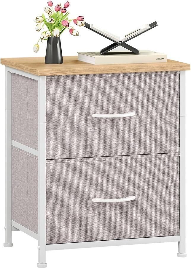 Nachtkastje met 2 stoffen lades klein bijzettafeltje met metalen frame nachtkastje kastje voor slaapkamer woonkamer kinderkamer asgrijs