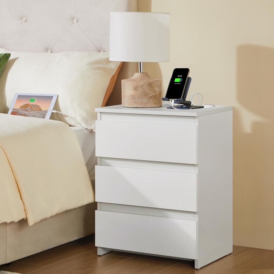 Nachtkastje met 3 laden 2 AC-stopcontacten en 2 USB-aansluitingen bijzettafel boxspringbed nachtcommode voor slaapkamer woonkamer wit