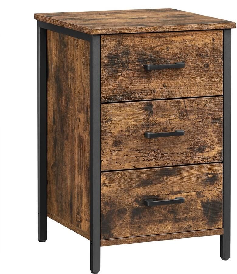 Nachtkastje Met 3 Lades 40x40x60 cm Side Table Vintabreun-Black Chipboard en Stalen Frame Industrieel Design Veel Opbergruimte Max. Draagkracht 30 kg Multifunctioneel Voor Slaapkamer of Kantoor Eenvoudige Montage