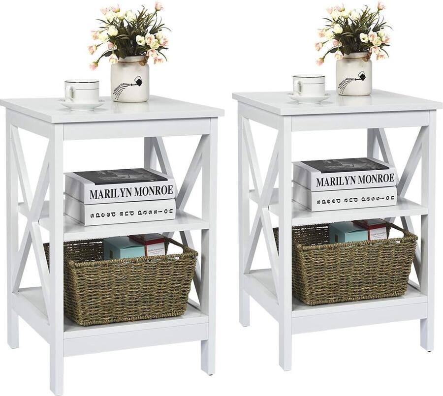 Nachtkastje met 3 niveaus Set van 2 bijzettafels Multifunctionele salontafels voor slaapkamer en woonkamer 40 x 40 x 61 cm Wit
