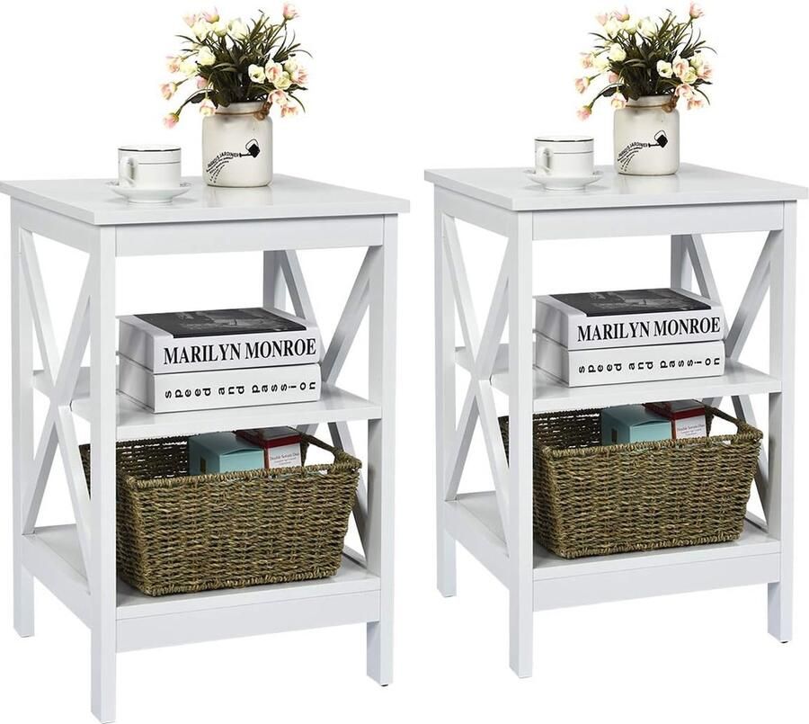 Nachtkastje met 3 niveaus set van 2 bijzettafels salontafel voor slaapkamer woonkamer 40 x 40 x 61 cm (X-vormig wit)