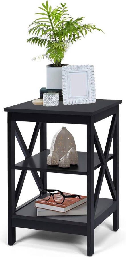 Nachtkastje met 3 planken salontafel met open design koffietafel in landelijke stijl van hout stabiel met X-vormige steunstang gelakt voor slaapkamer woonkamer kantoor (zwart)