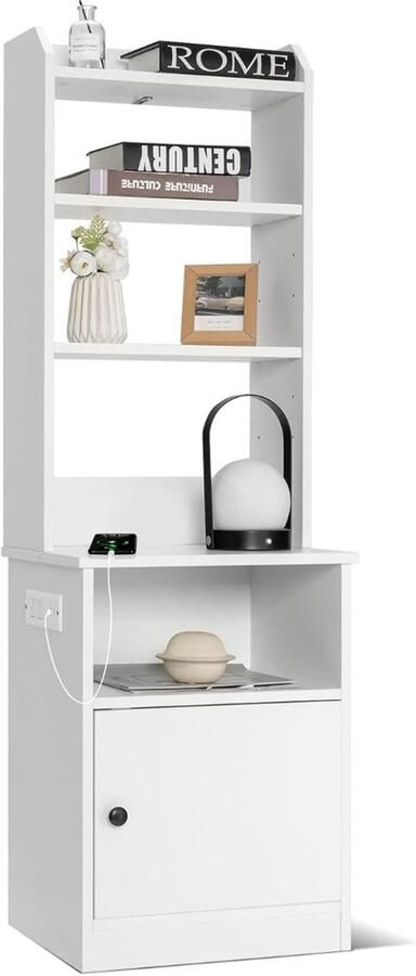 Nachtkastje met 5 planken en kast – Inclusief oplaadstation 2 stopcontacten en 2 USB-poorten – Wit