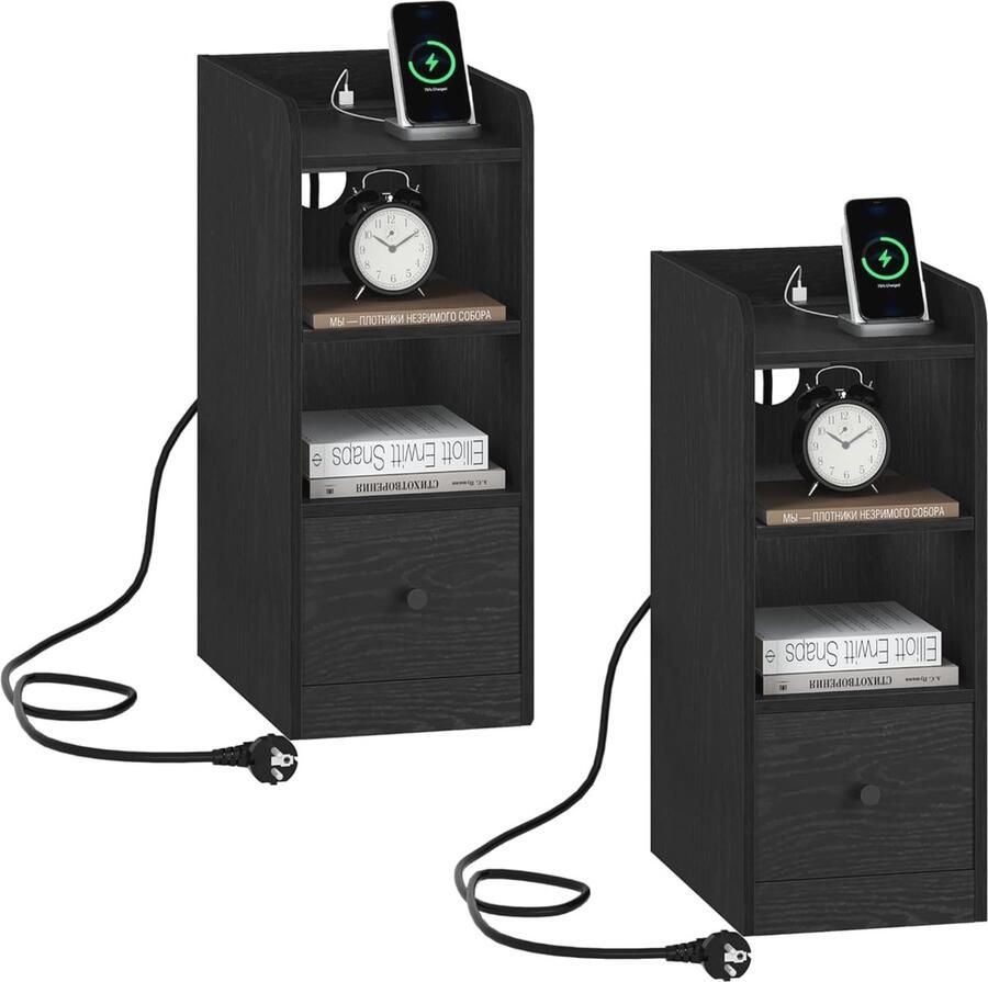 Nachtkastje met laadde functie en 3 etages Ruimtebesparende bijzettafel met USB & type C aansluiting