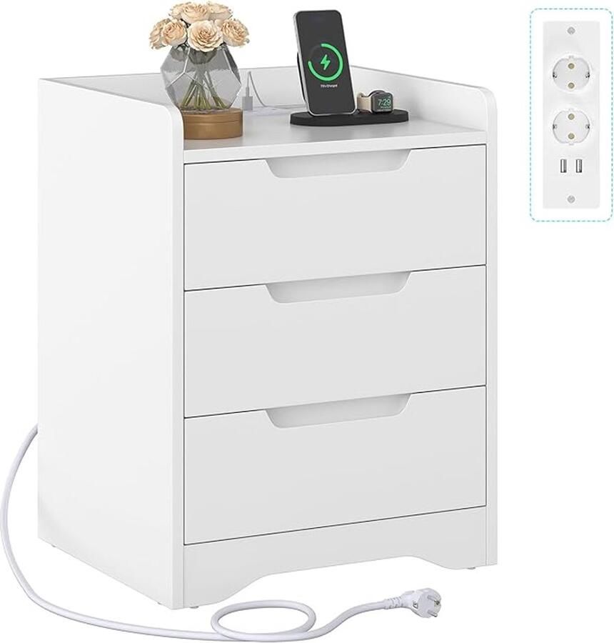 Retadou Nachtkastje met laadstation (2 AC-stopcontacten 2 USB-poorten) nachtkastje met 3 laden bijzettafel banktafel voor woonkamer slaapkamer werkkamer eenvoudige montage modern wit
