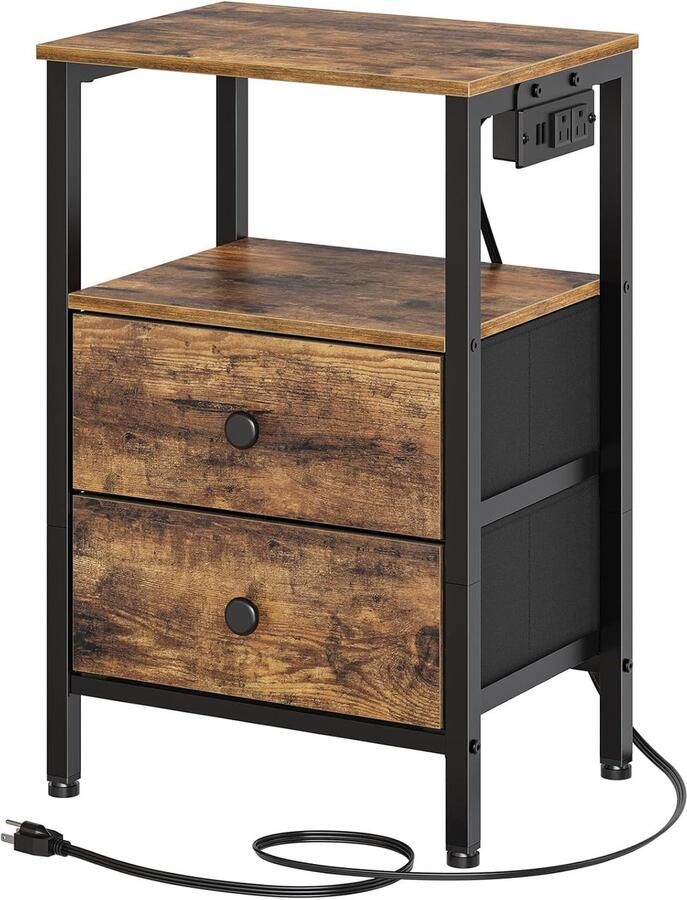 Nachtkastje met laadstation – bijzettafel met 2 laden banktafel met USB-poorten en planken vintage bruin-zwart geschikt voor woonkamer of slaapkamer