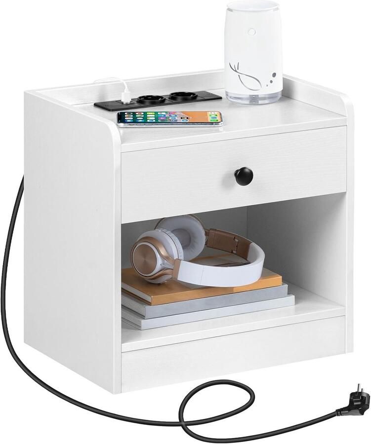 Retadou Nachtkastje met laadstation bijzettafel met lade en open vakken USB-poorten en stopcontacten opbergrek bijzettafel voor slaapkamer woonkamer wit