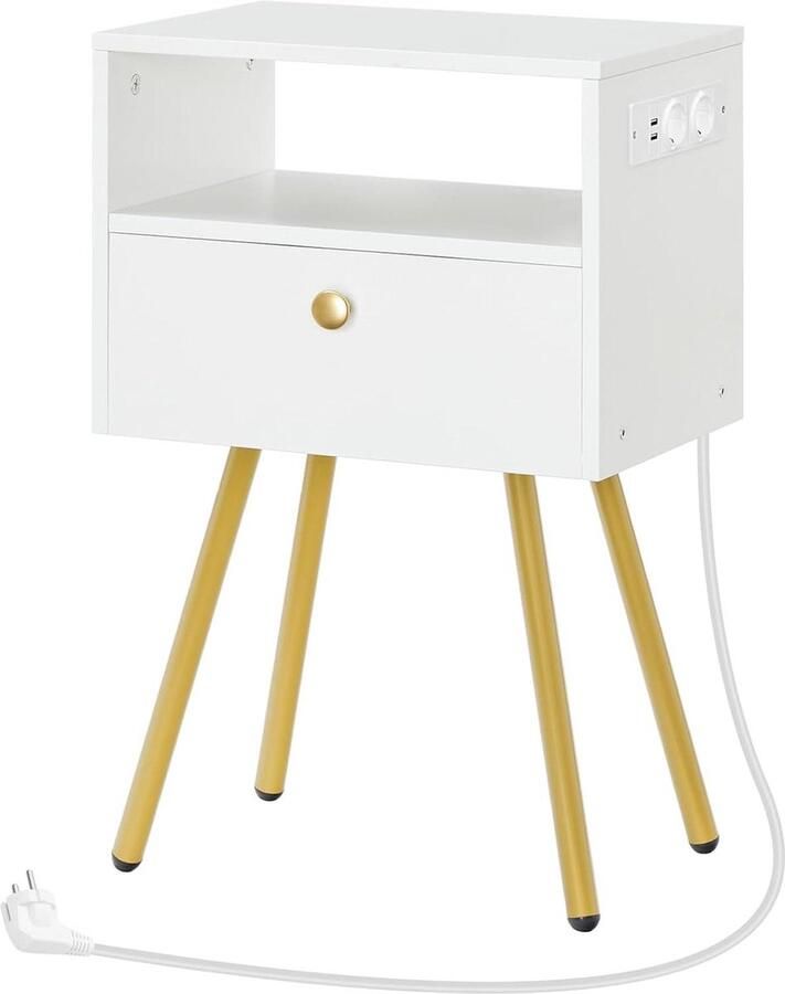Nachtkastje met laadstation en lade wit en goud 28 x 38 x 60 voor de slaapkamer