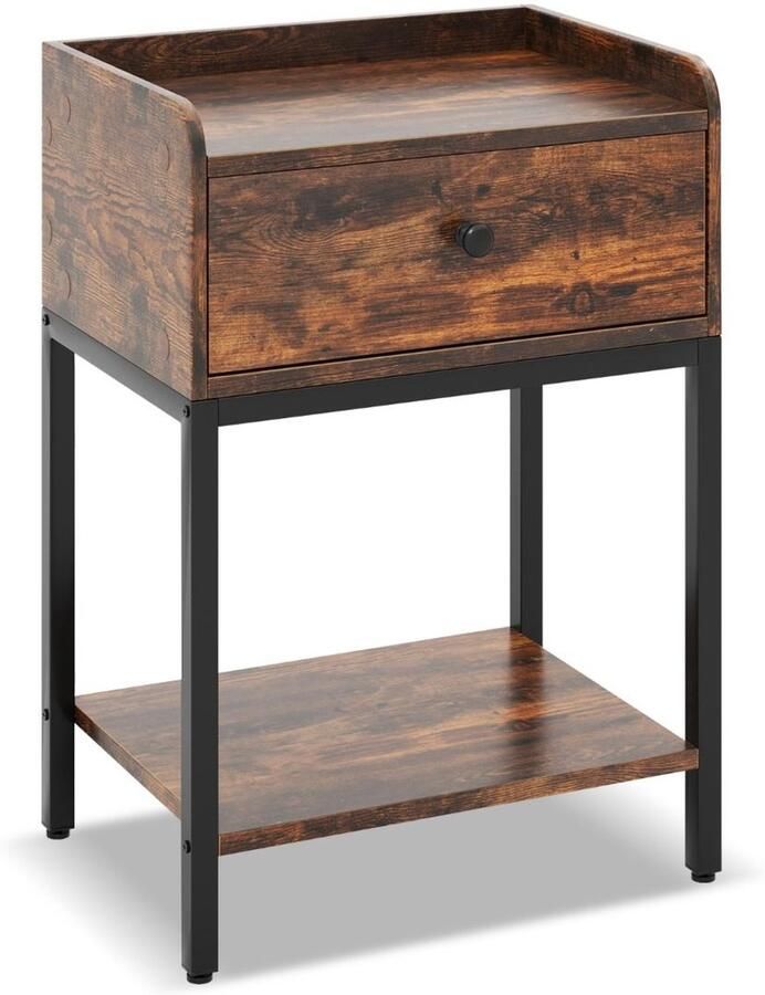 Nachtkastje met laadstation Industrieel bijzettafeltje met lade en opbergplank Stevig bijzettafeltje met metalen frame Rustiek bruin