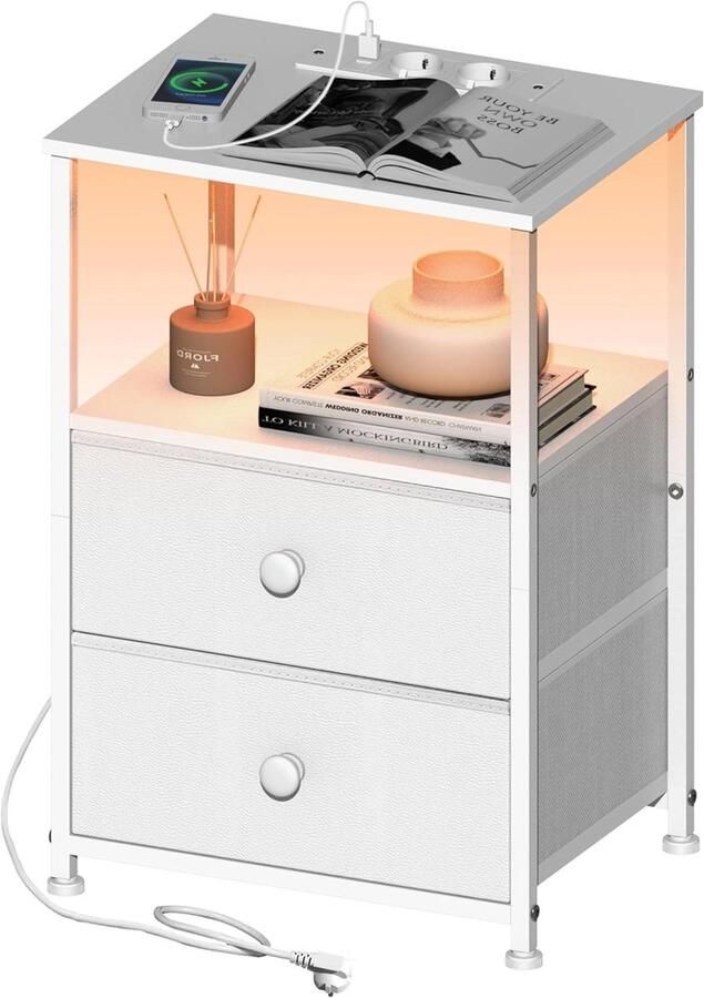 Nachtkastje met laadstation ledlampen en 2 laden in modern wit design