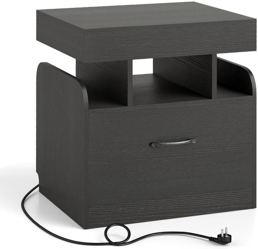 Nachtkastje met laadstation nachtkastje met lade en opbergruimte met schuifblad moderne bijzettafel met zwart blad