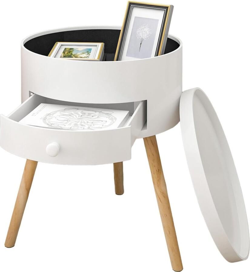 Rootz Living Rootz Rond nachtkastje in Scandinavische stijl Nachtkastje Bijzettafel met opbergruimte Voldoende opbergruimte superieure kwaliteit eenvoudige montage Wit MDF en grenenhout 38 cm x 50 cm x 38 cm