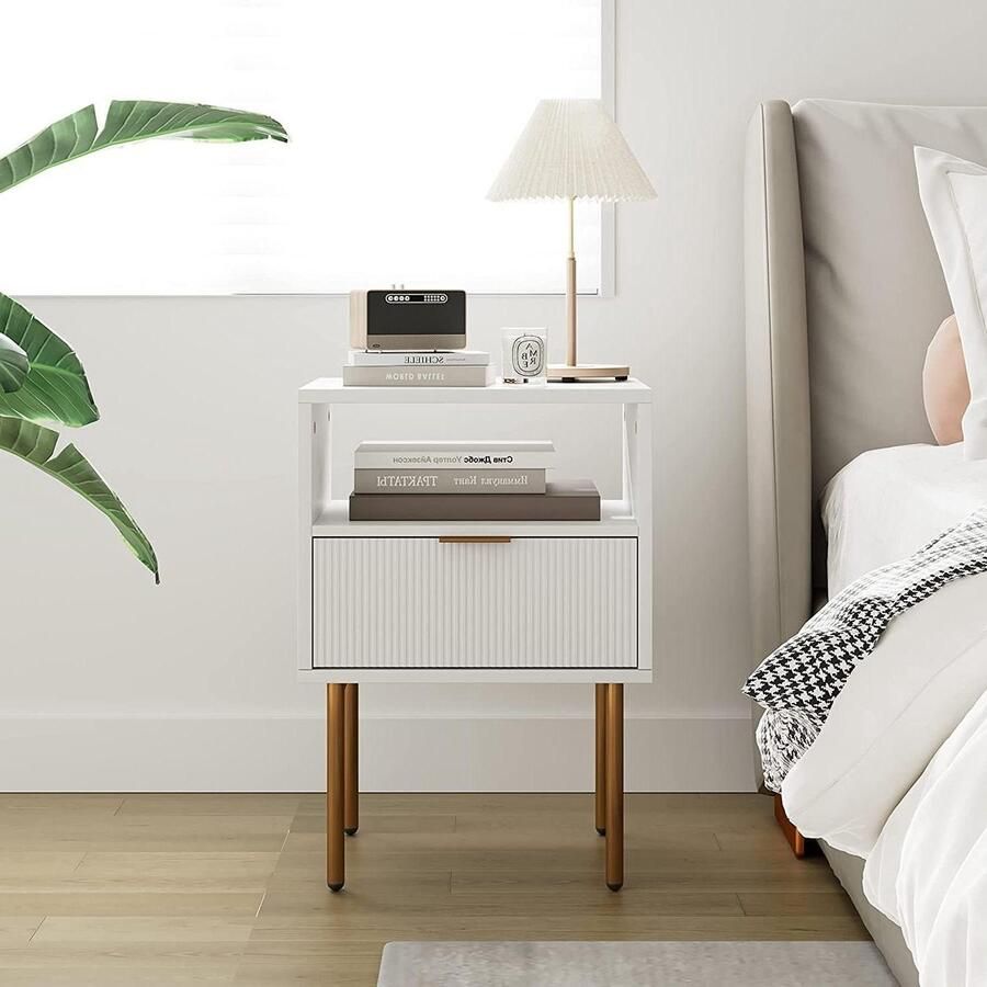 Nachtkastje met 1 open plank en 1 lade Modern boho nachtkastje Wit en goud Slaapkamer woonkamer Nachtkastje