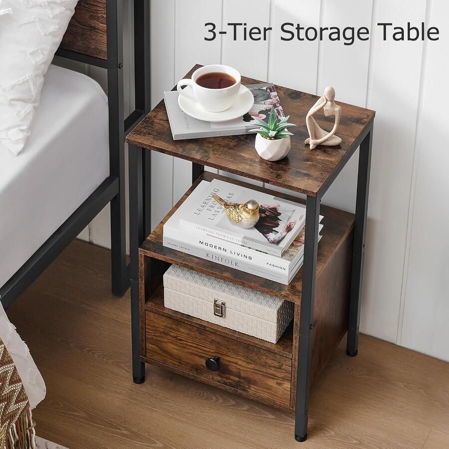 Nachtkastje met lade en open opbergplank – Eenvoudige montage hout in rustiek bruin – Voor slaapkamer woonkamer of kantoor