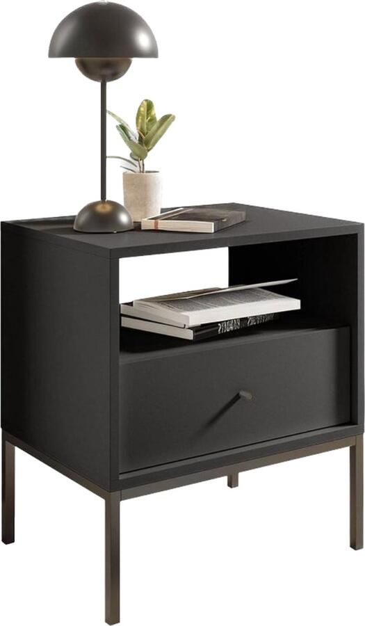 Nachtkastje met lade en open opbergvak 54 x 57 x 39 cm (B x H x D) grafietkleurig metaal modern design nachtkastje zwart 60 cm hoog