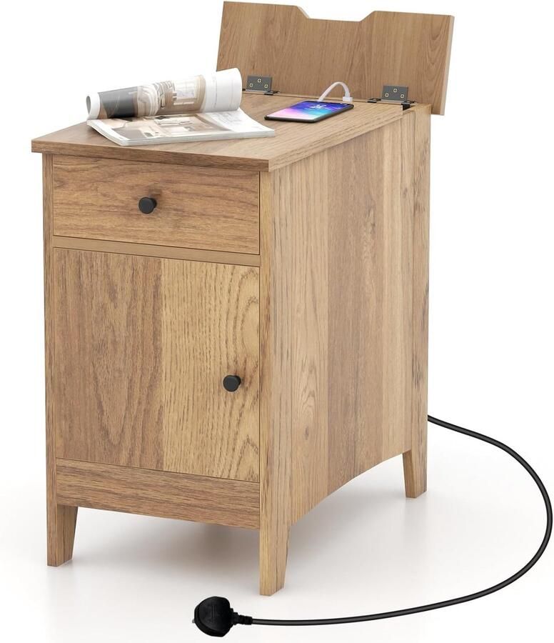 Nachtkastje met Lade en Open Vak – Bijzettafel met USB-Poorten & Stopcontact 60 x 35 x 60 cm naturel