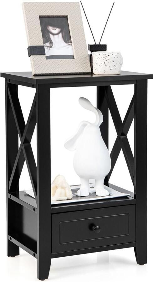 Nachtkastje met lade en plank – 40 x 30 x 61 5 cm geschikt voor slaapkamer woonkamer of kantoor – Wit Zwart