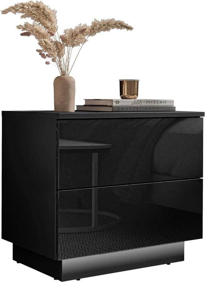 Nachtkastje met lades en LED verlichting Push to Open Systeem zwart hoogglans slaapkamer meubel bijzettafel modern design nachtkastje zwart hoogglans nachtkastje zwart 60 cm hoog