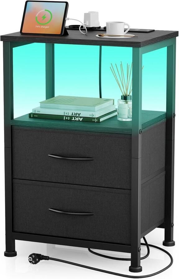 Nachtkastje met led en oplaadfunctie bijzettafel met lade nachtkastje met 3 AC-aansluitingen en 2 USB-poorten bijzettafels voor woonkamer slaapkamer zwart