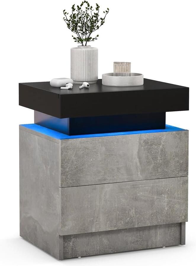 Nachtkastje met LED Verlichting 2 Lades Incl. Afstandsbediening Modern Design Dynamisch & Statisch Licht 45×35×52 cm Grijs