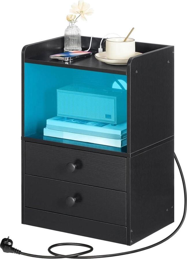 Nachtkastje met ledstrips en laadstation Bijzettafel met verstelbaar licht 2 laden Moderne stijl Zwart nachtkastje zwart 60 cm hoog