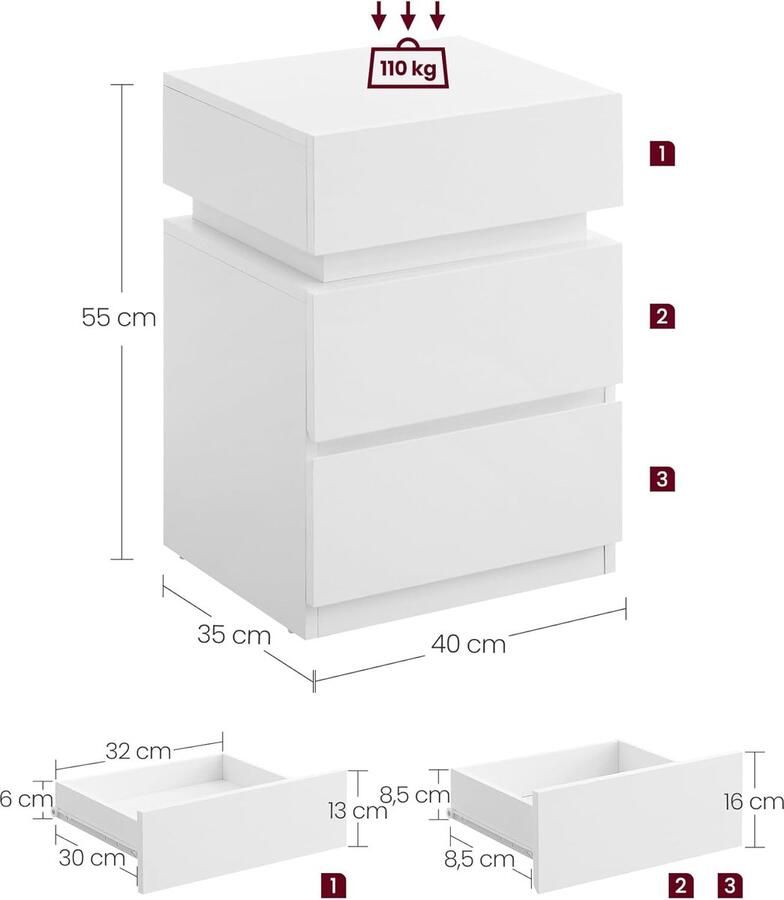 Bobbel Home Elegante Nachtkastje met ledverlichting bijzettafel sofatafel slaapkamer modern 35 x 40 x 55 cm wit Ruim Paneel Kunstwerken een gemakkelijk te openen lade met een afgeronde rand om kleinigheden op te bergen en een open plank favoriete boeken - Foto 2