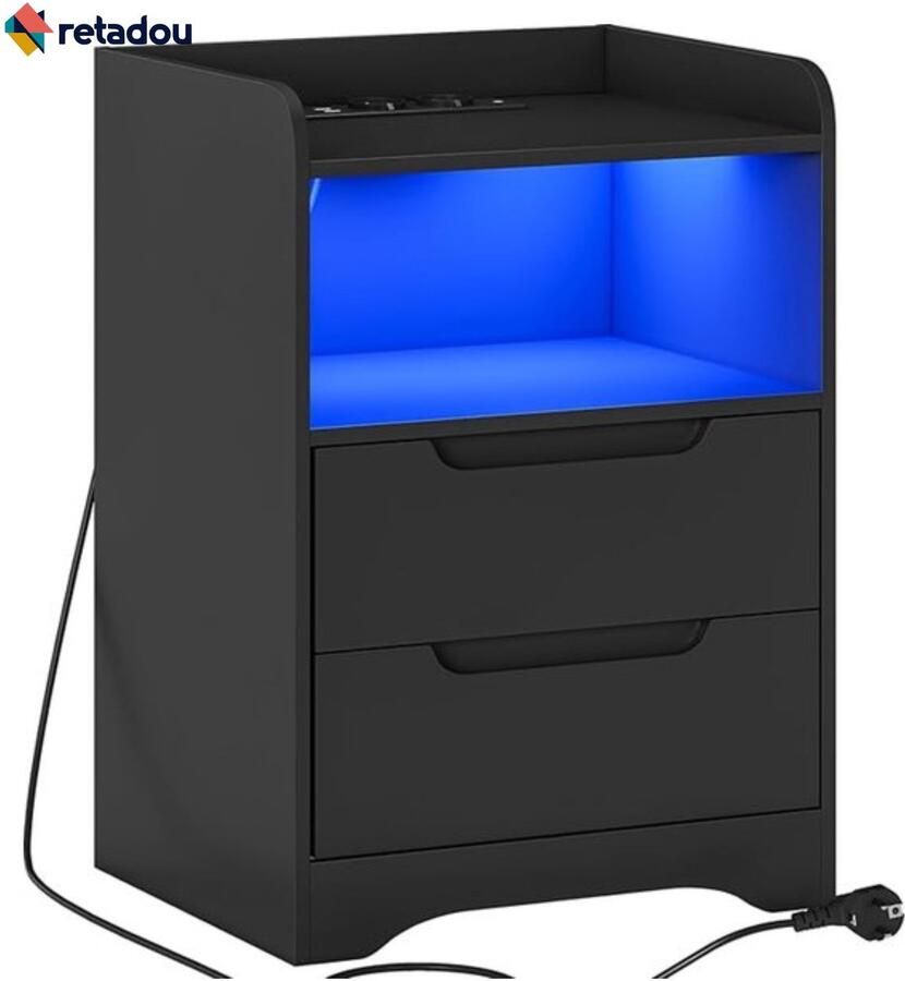 Retadou Nachtkastje met ledverlichting en laadstation (2 AC-stopcontacten 2 USB-poorten) nachtkastje met 2 laden en 1 open vak bijzettafel banktafel voor woonkamer slaapkamer zwart
