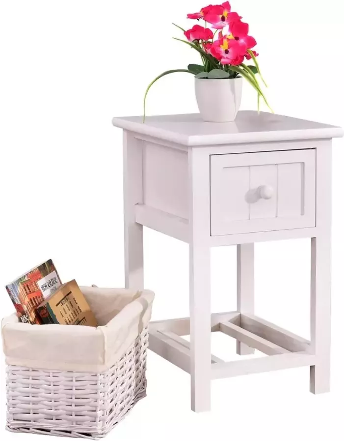 Nachtkastje met mand en lade nachtkastje van hout nachtkastje bijzettafel bijzetkast gangtafel met lade (wit)