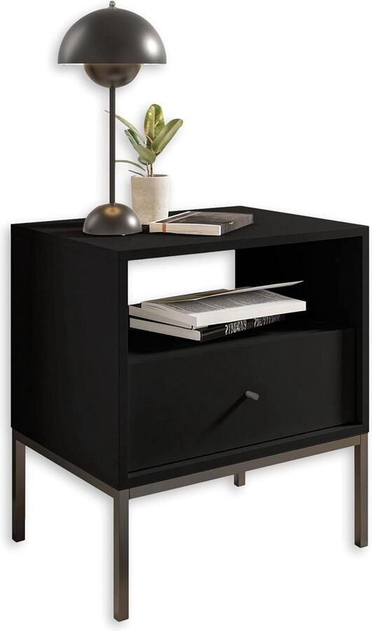 Nachtkastje met metalen frame zwart modern design nachtkastje met lade en open opbergvak 54 x 57 x 39 cm (b x h x d) nachtkastje zwart 60 cm hoog