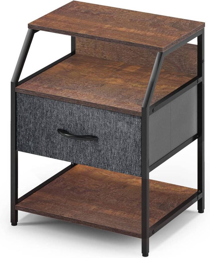 Nachtkastje met open vacuüm nachtkastje met 1 lade grote bijzettafel kleine salontafel vierkant voor slaapkamer woonkamer staal + hout donkergrijs + Zwart