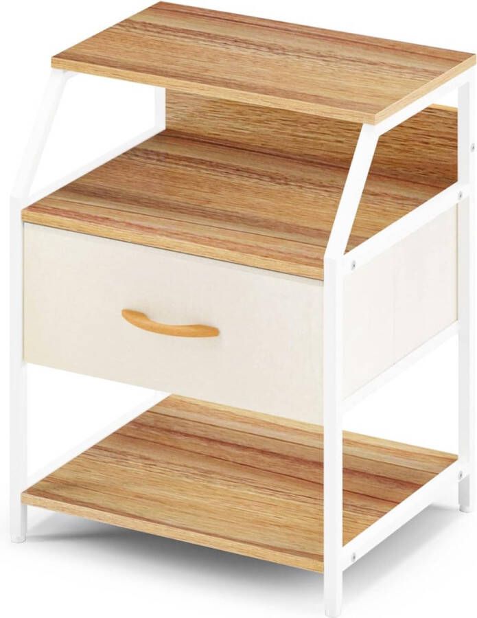 Nachtkastje met open vacuüm nachtkastje met 1 lade grote bijzettafel kleine salontafel vierkant voor slaapkamer woonkamer staal + hout wit + beige