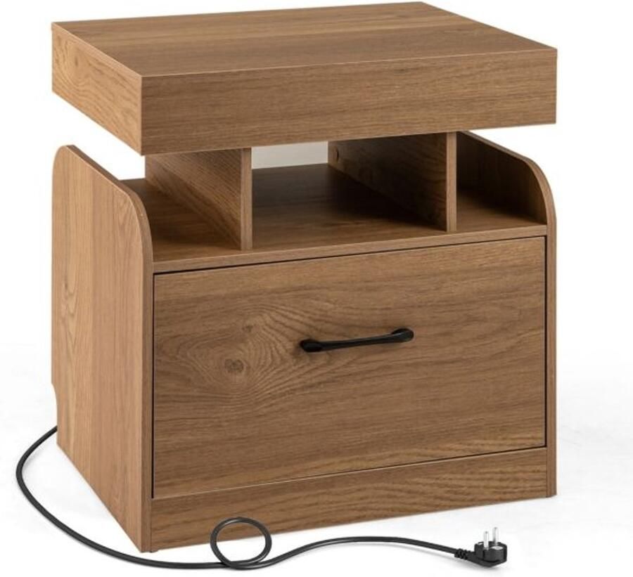 Nachtkastje met oplaadstation – Bijzettafel met lade open planken en uitschuifbaar blad – Natuurlijk