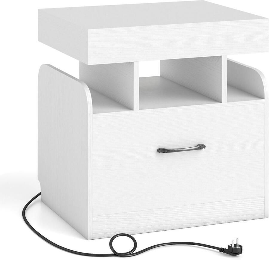 Nachtkastje met oplaadstation – Bijzettafel met lade uitschuifbaar opbergvak en open planken – Wit