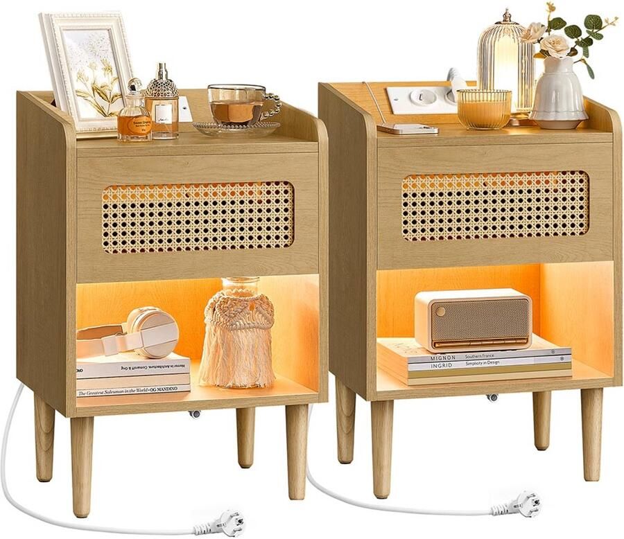 Nachtkastje met oplaadstation en bewegingssensor set van 2 eikenbeige