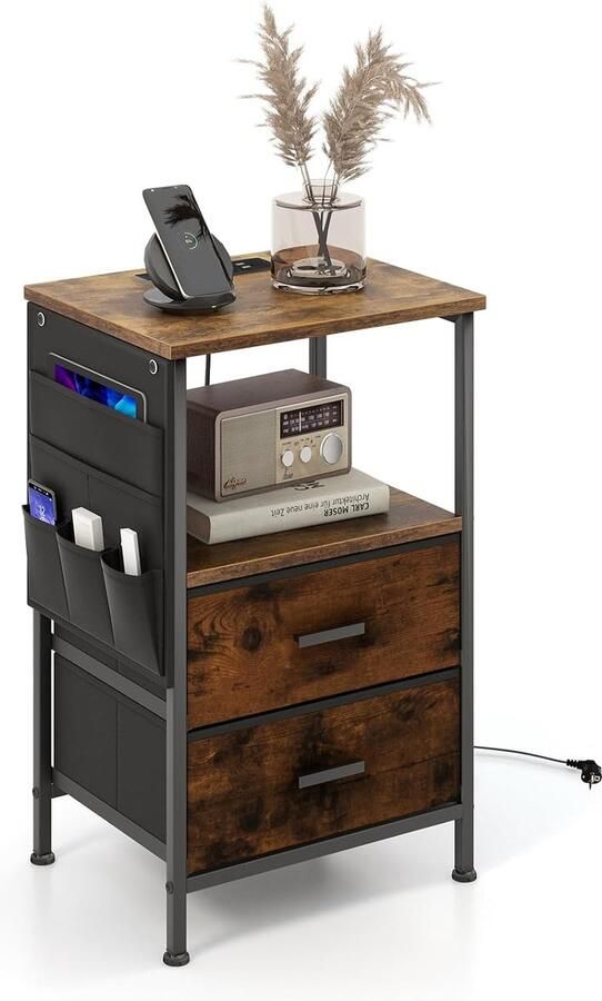 Nachtkastje met oplaadstation industriële bijzettafel met 2 lades en USB salontafel hout 30 cm breed voor slaapkamer woonkamer rustiek bruin 38 x 30 x 60 cm