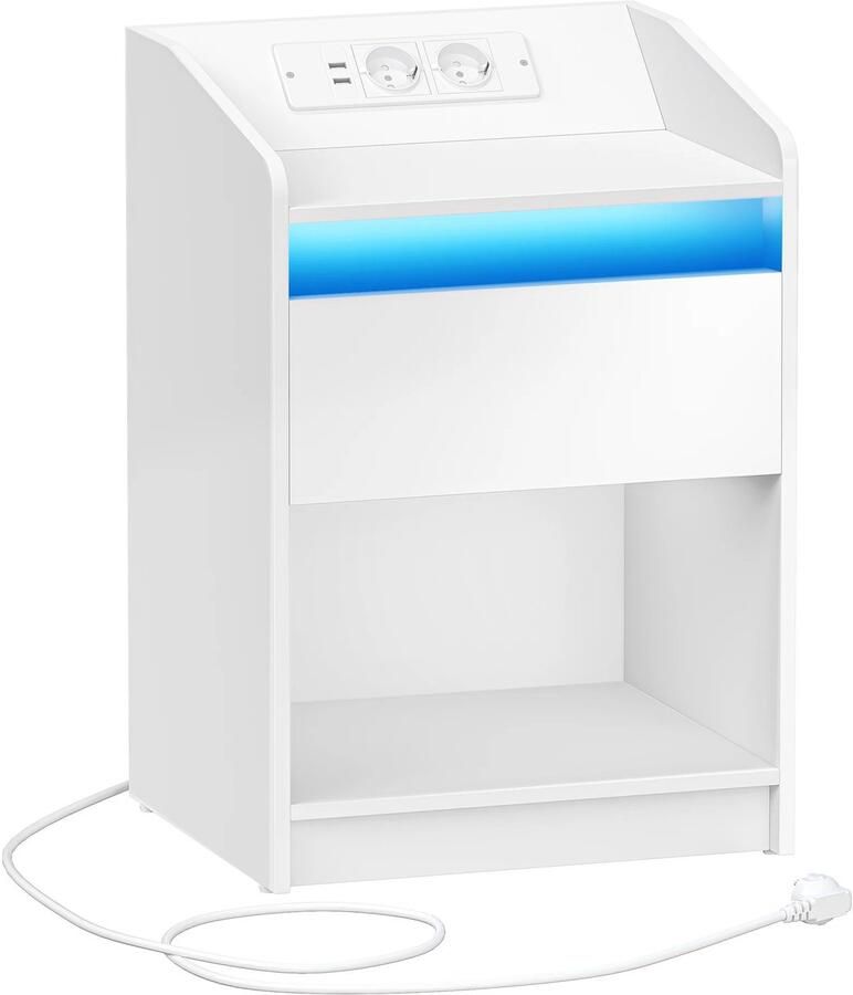 Nachtkastje Met Oplaadstation Stopcontact USB Poort LED Verlichting Wit