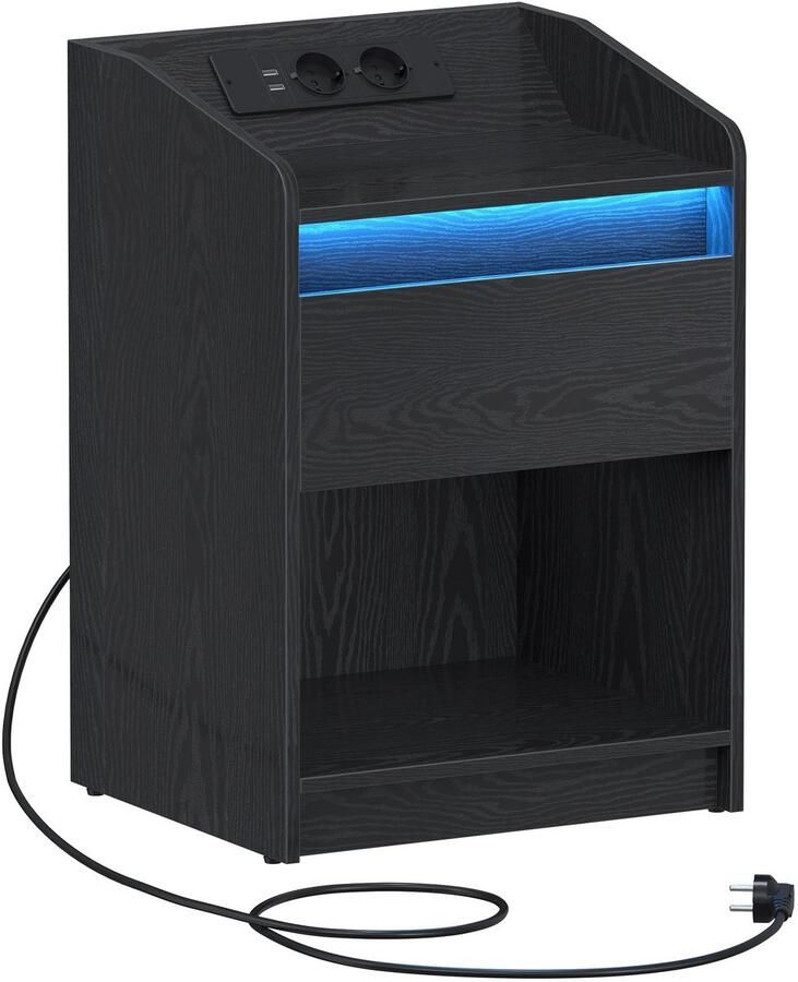 Nachtkastje Met Oplaadstation Stopcontact USB Poort LED Verlichting Zwart