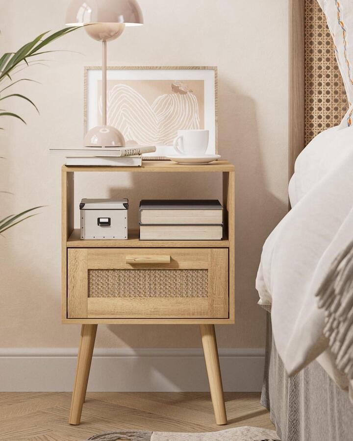 Nachtkastje met PE-rotan lade nachtkastje geschikt voor slaapkamer en woonkamer 1 stuk geel hout