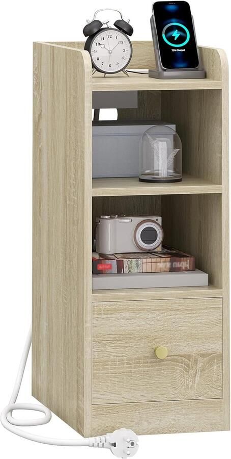Nachtkastje met stekkerdoos – USB- en Type-C-poort smalle bijzettafel met lade en 3 niveaus opbergruimte eikenkleur