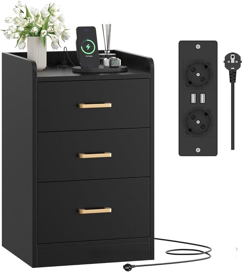 Nachtkastje met Stopcontact Bijzettafel Commode met 3 Laden 2 AC-Stopcontacten en 2 USB-poorten voor Slaapkamer Woonkamer Werkkamer 40 x 38 x 66 cm Zwart
