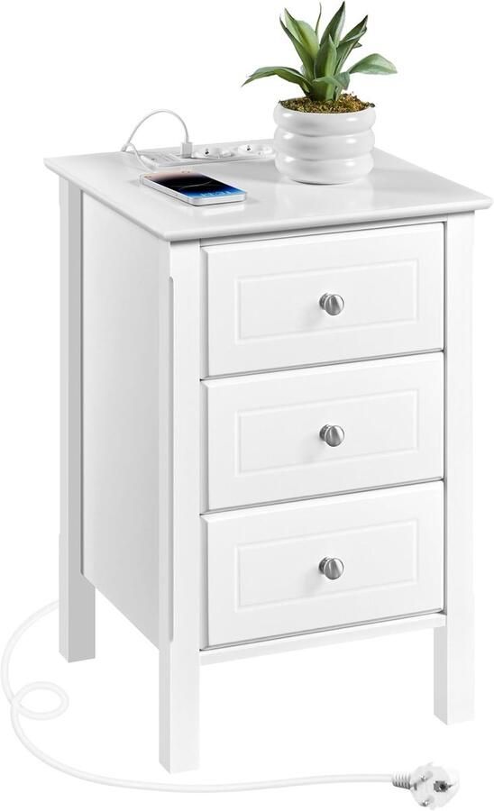 Nachtkastje met Stopcontact – Bijzettafel met 2 Aansluitingen en 3 Laden Ideaal voor Boxspringbed Slaapkamer of Woonkamer – Wit
