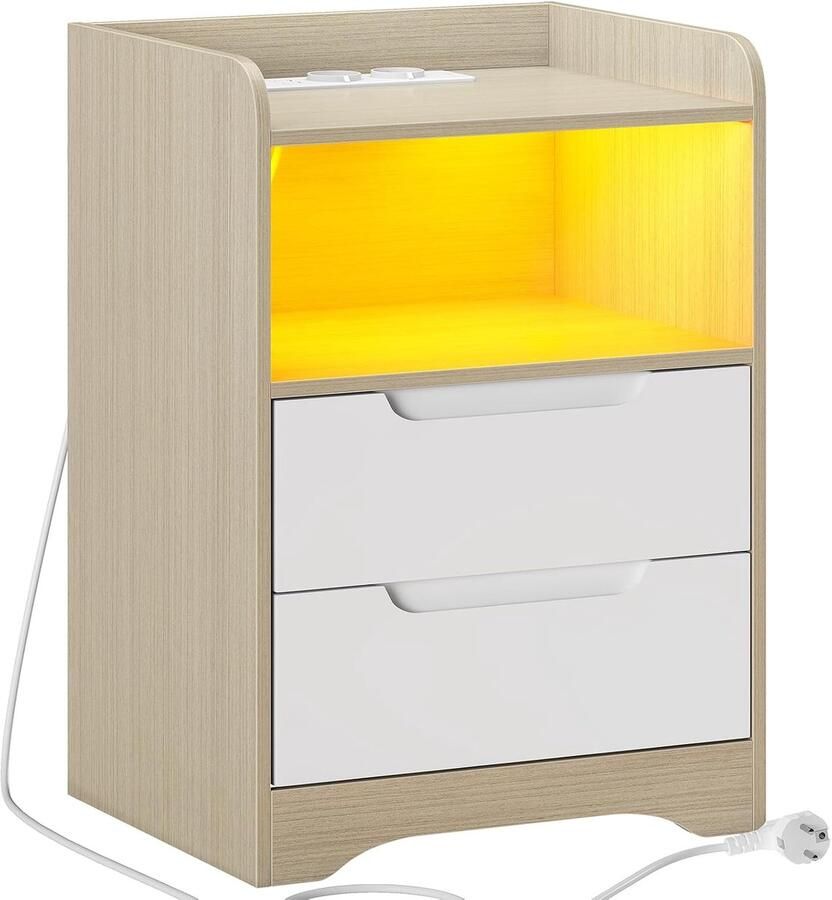 Nachtkastje met stopcontact en ledverlichting (2 AC-stopcontacten 2 USB-poorten) nachtkastje met 2 laden en 1 open vak bijzettafel voor woonkamer slaapkamer licht eiken