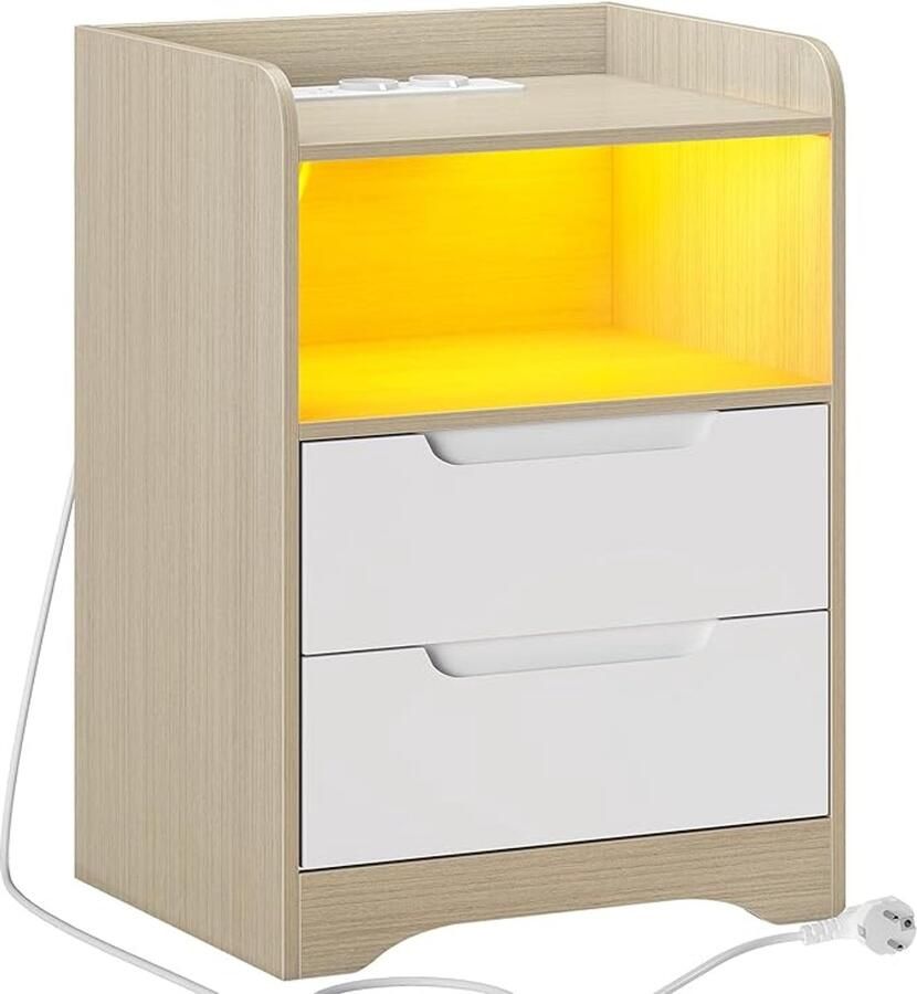 Retadou Nachtkastje met stopcontact en ledverlichting (2 AC-stopcontacten 2 USB-poorten) nachtkastje met 2 laden en 1 open vak bijzettafel voor woonkamer slaapkamer licht eiken - Foto 2