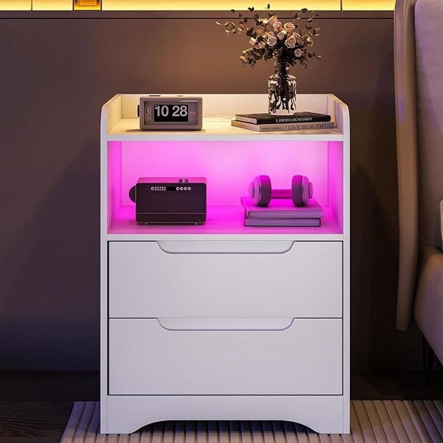 Retadou Nachtkastje met stopcontact en ledverlichting (2 AC-stopcontacten en 2 USB-poorten) nachtkastje met 2 laden en 1 open vak bijzettafel banktafel voor woonkamer slaapkamer wit