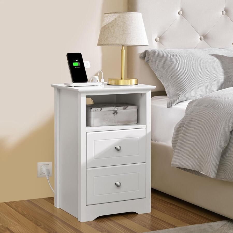 Nachtkastje met stopcontact en USB-aansluitingen bijzettafel hout 2 laden nachtkastje boxspringbed nachtkastje met 1 open vak banktafel voor woonkamer slaapkamer wit