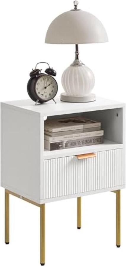 Nachtkastje Mid-Century modern nachtkastje met opberglade klein zwart nachtkastje bijzettafel met gouden frame voor slaapkamer woonkamer wit WNS008W